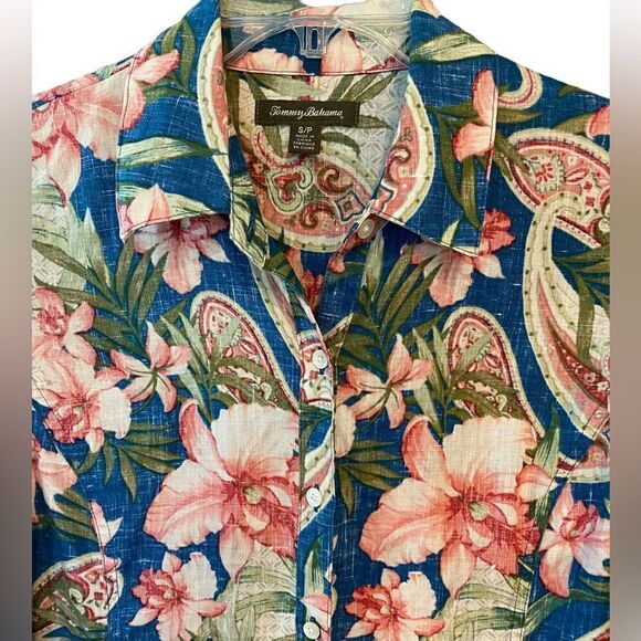 Tommy Bahama Sz S Teal Pink Hibiscus Linen Summer Button Down Collar Shirt - Picture 4 of 7